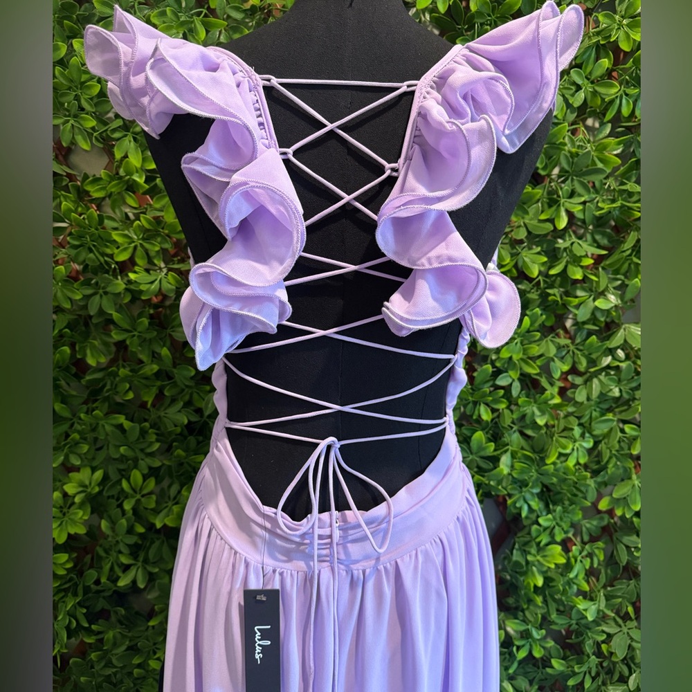 NWT- Soiree Celebration Purple Ruffled Lace-Up Dress - Picture 10 of 16